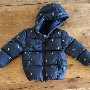 Navy Puffer Jacket with Dog Print